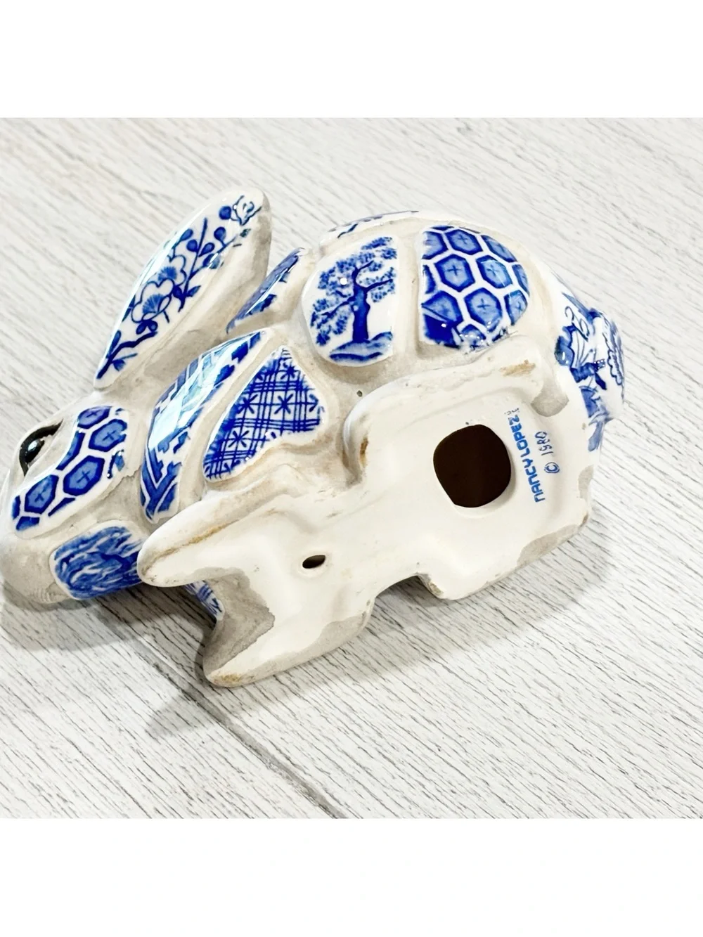 NANCY LOPEZ 1980 Blue & White Asian Pottery Mosaic Rabbit Bunny Candlestick